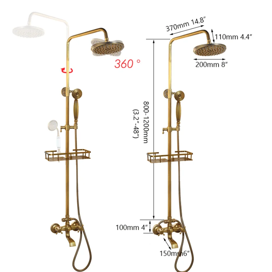 Imagem -04 - Monite-antique Latão Bathroom Shower Faucet Grupo Wall Mount Precipitação Round Head Funções Chuveiro de Mão Mixer Tap With Shelf