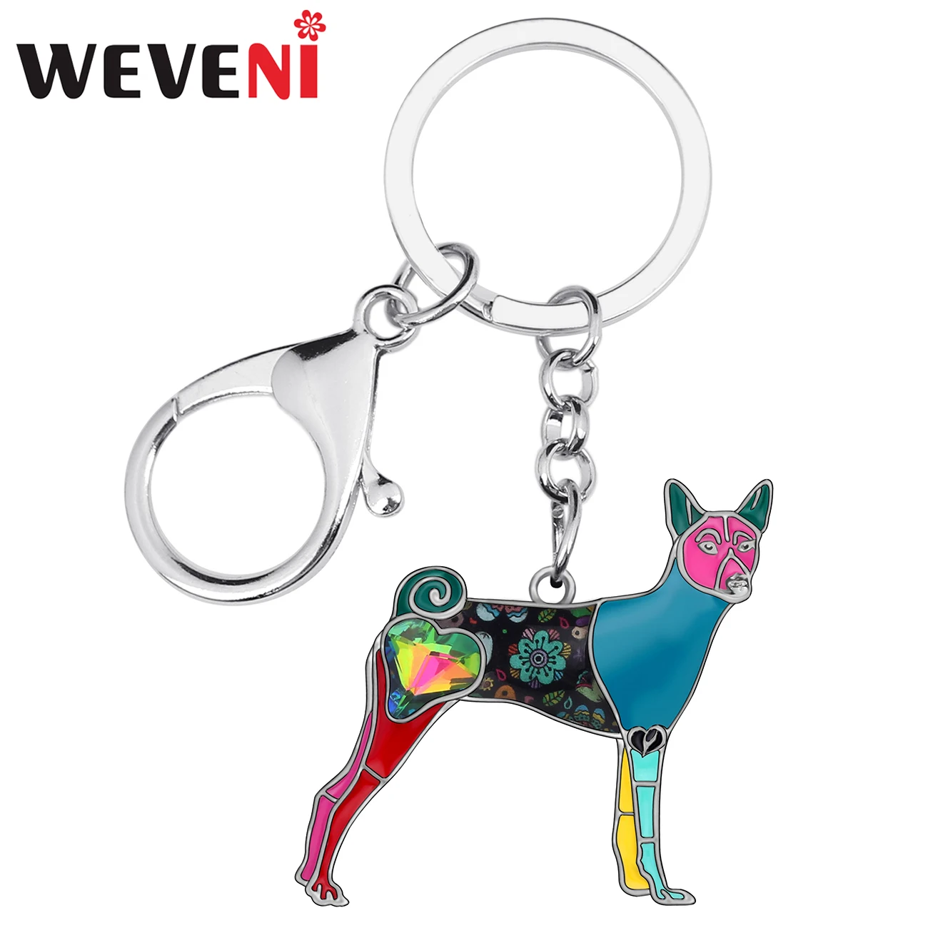 WEVENI Enamel Alloy Rhinestone Floral Basenji Dogs Keychains Fashion Pets Bag Key Chain Ring Jewelry For Women Girls Unique Gift