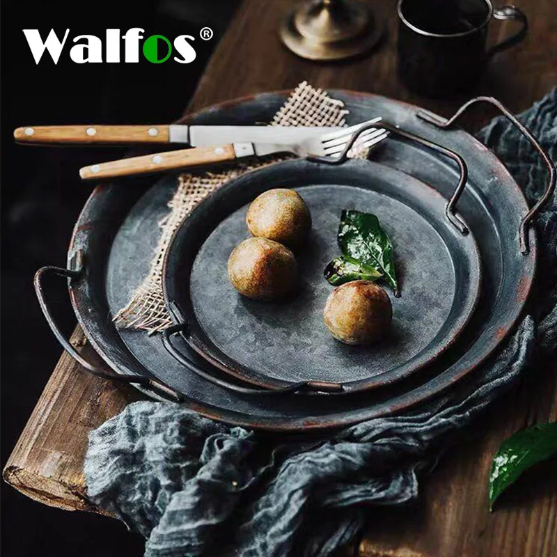 

Walfos European Retro Metal Plate With Handle Handcrafted Round Wrought Vintage Storage Bread Tray Home Decoration Restaurant