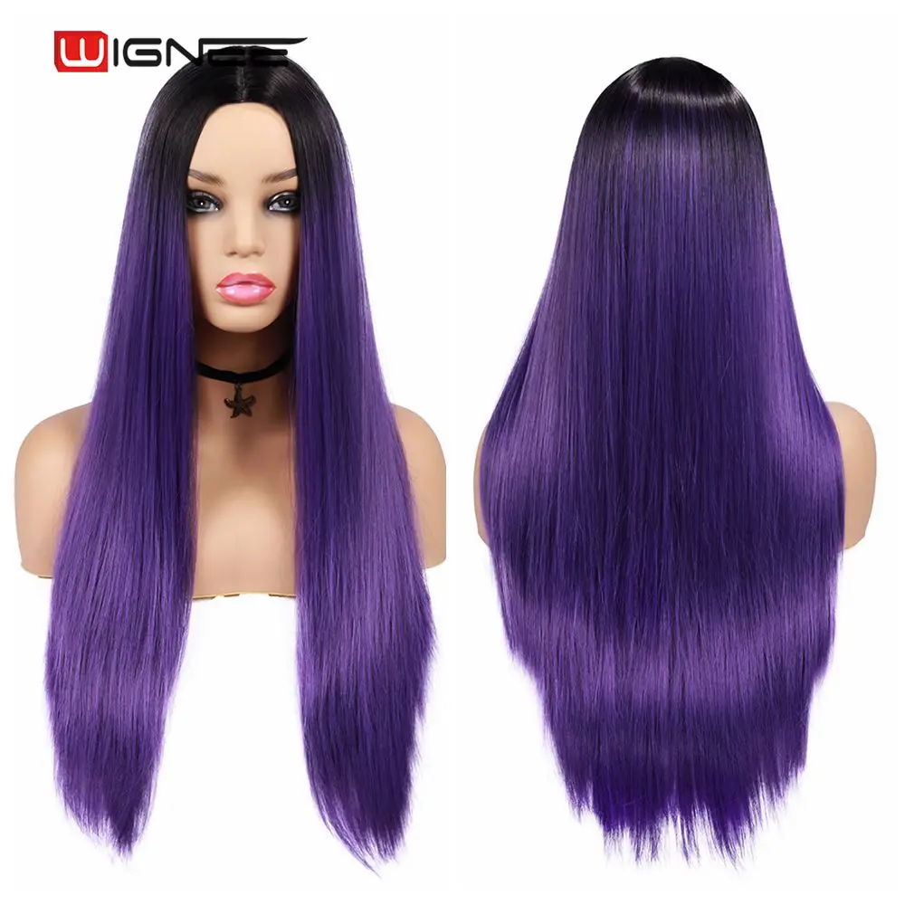 Wignee Long Synthetic Wig Straight Hair Middle Part For Women Ombre Purple Natural Hair Glueless Daily/Cosplay Female Hair Wigs