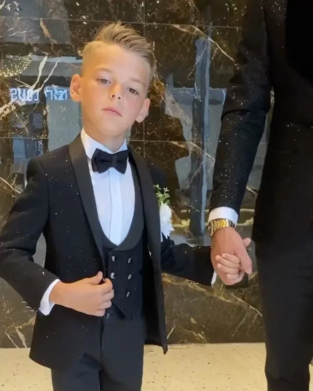 Black Sequined Boy Formal Suits Dinner Tuxedos Little Boys Groomsmen Kids For Wedding Party Evening Suit Wear (Jacket+Vest+Pant)