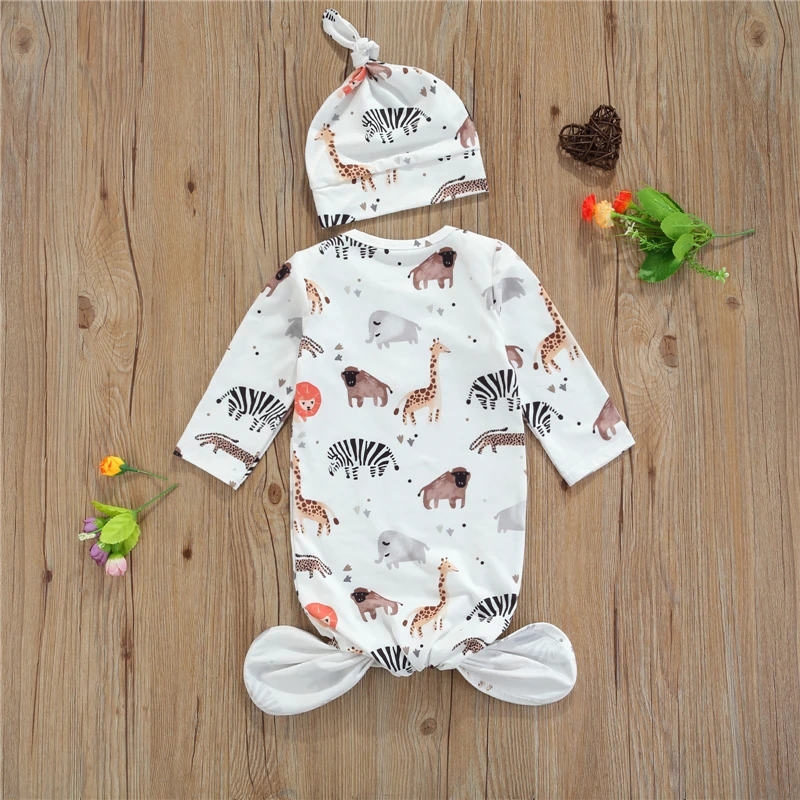 Fashion Infant Nightwear with Hat Girls Boys Robes Cartoon Patterns Print Round Neck Long Sleeve Sleepwear+ Cap Kids 0-3 Months