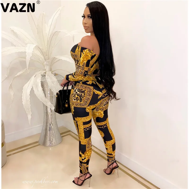 VAZN Hot Sale Women Off Shoulder Fashion Full Sleeve Party Beach Bandage Jumpsuits Robe Full Pant Rompers