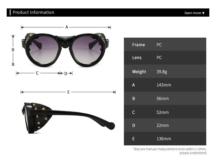 46311 Steam Punk Oval Winddicht Goggle Sonnenbrille Vintage Herren Damen Shades UV400 Vintage Brille – Detail 2