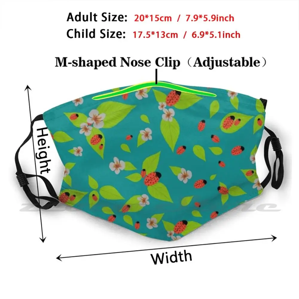 Lady Bugs , Green Mask Cloth Reusable Print Filter Washable Ladybird Leaves Flowers Green Children