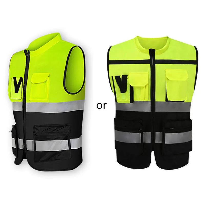 Multi-pockets High Visibility Zipper Front Safety Vest with Reflective Strips and Motorcycle Riding Multipurpose