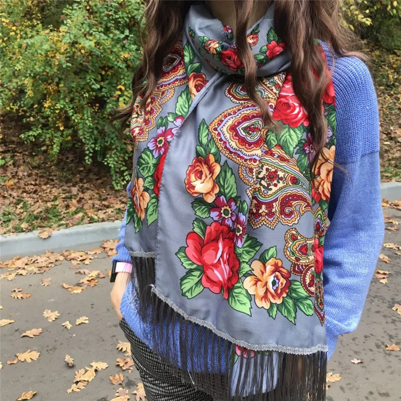 Russian Style Floral Print Scarf Female Retro Fringed Ukrainian Shawl Babushka Hijab Head Wraps Autumn Winter Lady Neck Kerchief