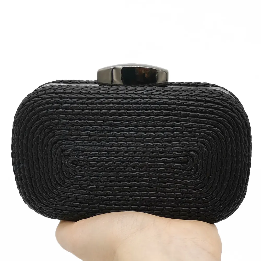 Boutique De FGG Casual Women Clutches Black Evening Bag Woven Knited PU Metal Clutch Bag Hard Case Ladies Chain Shoulder Handbag