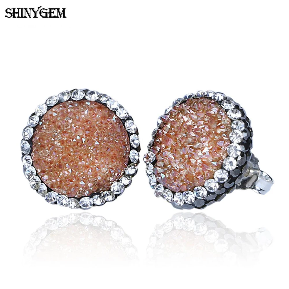 ShinyGem 2020 Trendy Round Zircon Natural Druzy Stud Earrings For Women Sparkling Crystal Gem Stone Silver Color Wedding Gift