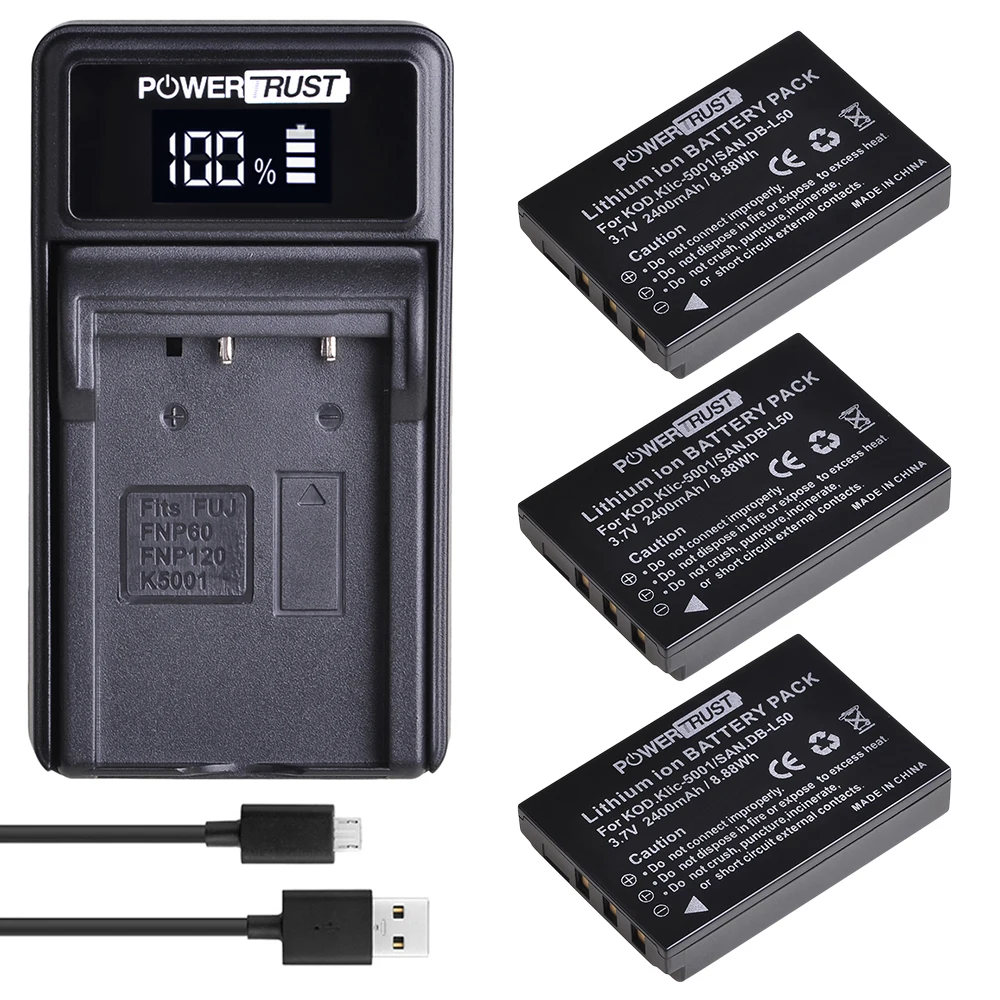 PowerTrust DB-L50 Klic-5001 Battery +LED USB Charger for Kodak DX6490 DX7440 DX7530 DX7540 DX7580 DX7590 DX7591 DX7630 Camera