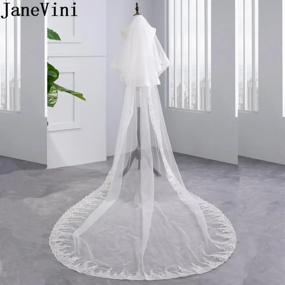 JaneVini 3M Kathedraal Bruiloft Lange Sluier met Pailletten Rand Kam Wit 2 Tier Bridal Veils Bruid om Ivoor bruiloft Accessoires