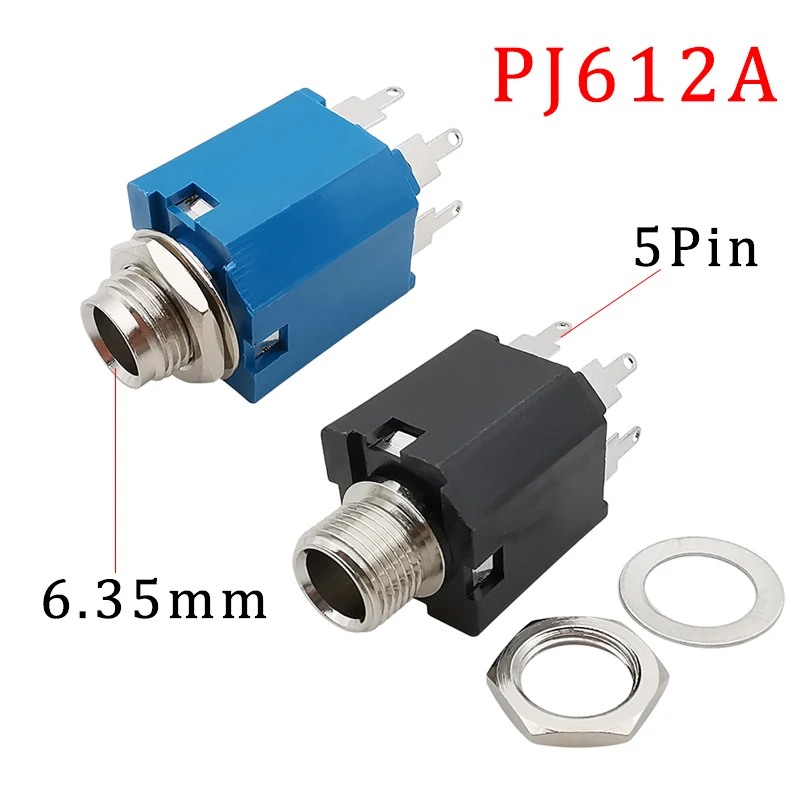 PJ-612A 6.35mm Audio Female Socket 5 Pin 6.35mm 1/4 Inch Plug Socket Audio Headphone Jack Panel Mount Nut Connector PJ612A