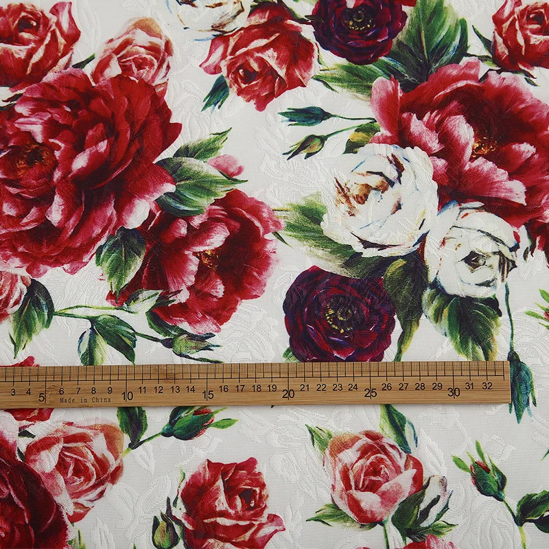 145cm Width Fashion Peony Rose Flower Printed Thin Jacquard Fabric For Woman Dress Coat Tissu Tela Хлопок материал DIY Cloth