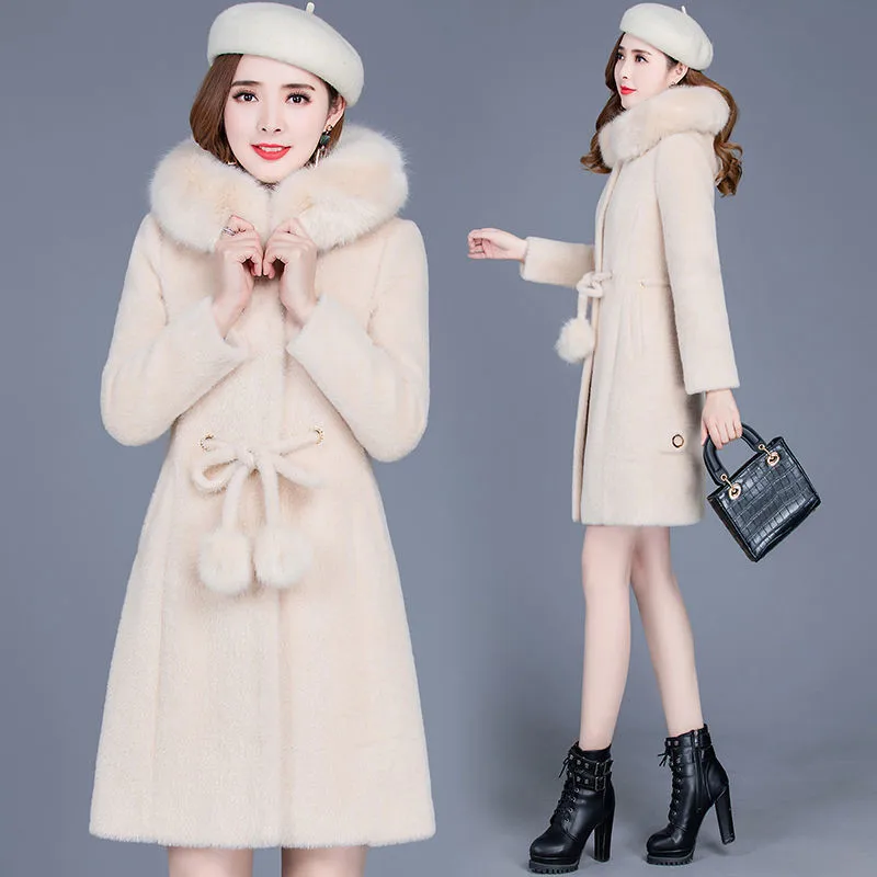 Mink Fleece Jacket Women Foreign Style2024New Winter Coats Mid-Length Overcoat Hooded Woolen Coat Female Lace-UP Ladies Outwear