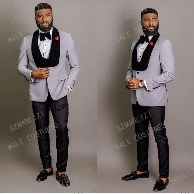 

Men Wedding Suits 2020 Velvet Lapel Groomsmen Light Grey Groom Suit Mens Tuxedo Best Man Blazer Wedding/Prom Suits 3 Pieces