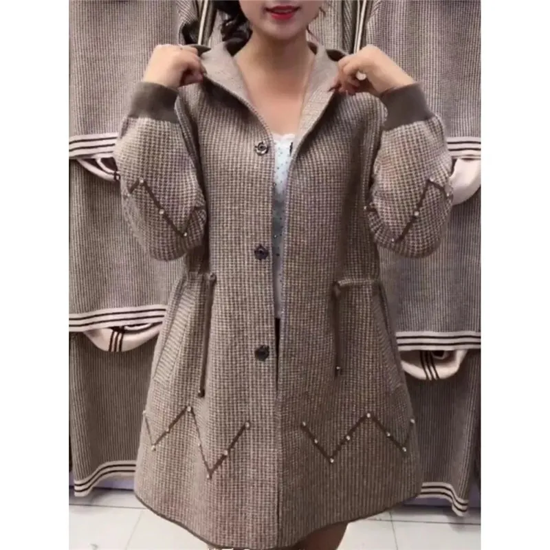 2024 Fall/Winter Double-Faced Cashmere Jacket Women\'s Loose Coat 6XL Woolen Mid-Length Hooded Plaid Outwear Female Top