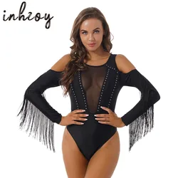Womens Latin Ballroom Modern Dance Professional Leotard Fringe Long Sleeve Sheer Mesh Jumpsuit Bodysuit Top Dancewear