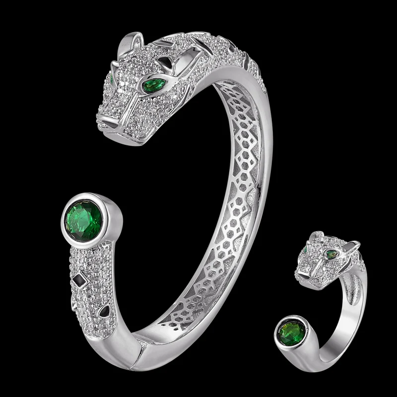 Zlxgirl Brand Green Eye Leopard bangle and Ring Jewelry Set for wedding fine bridal bracelet couple zorconia bracelet anel set