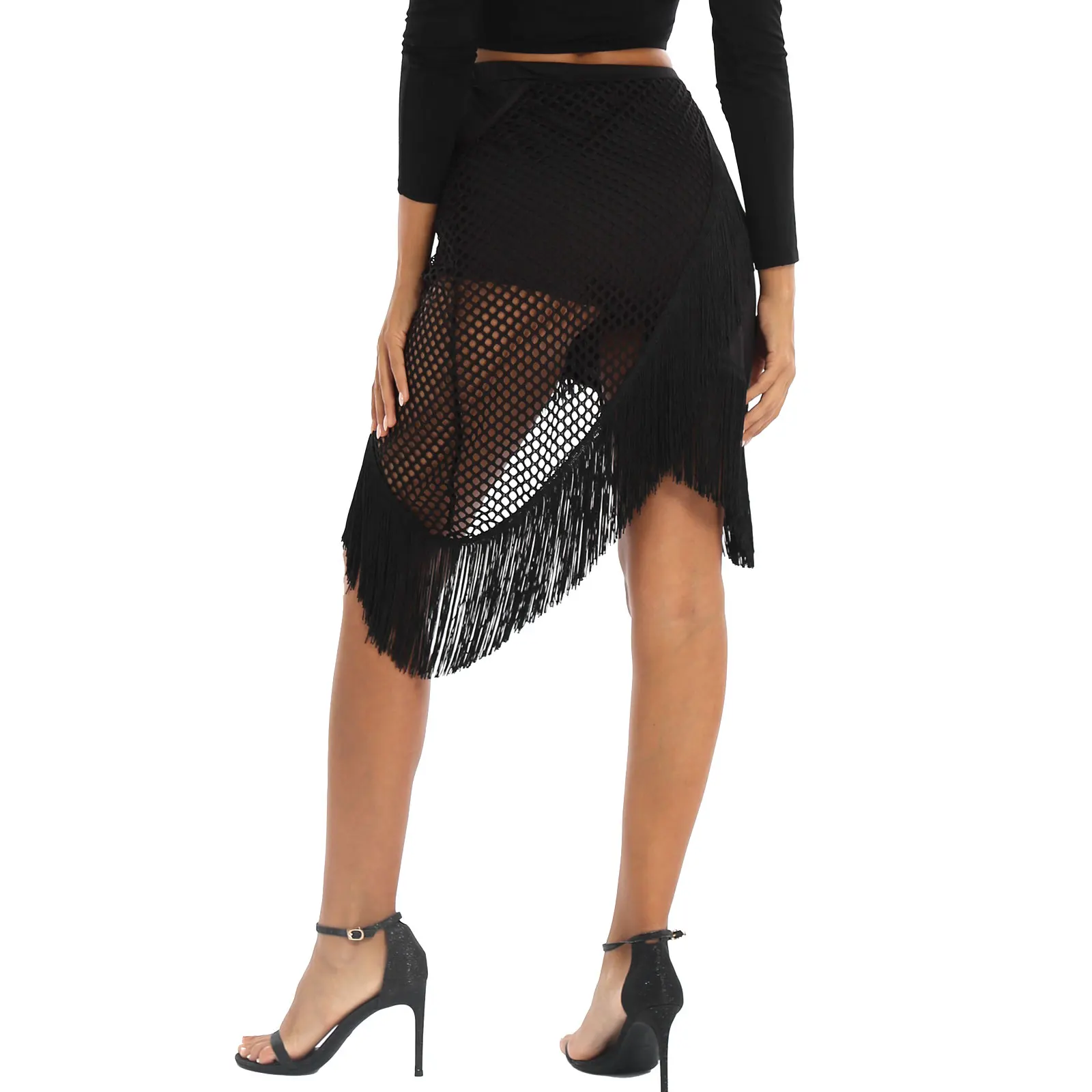 Phụ Nữ Trưởng Thành Đen Tua Rua Chân Váy Sexy Cutout Bất Đối Xứng Tua Rua Salsa Nhảy Latin Đầm Huấn Luyện Thi Trình Diễn Trang Phục
