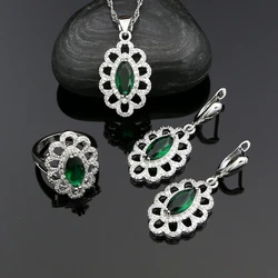 Silver 925 Earrings Pendant Necklace Ring Jewelry Sets for Women Bride Girls Green Emerald Silver Kit