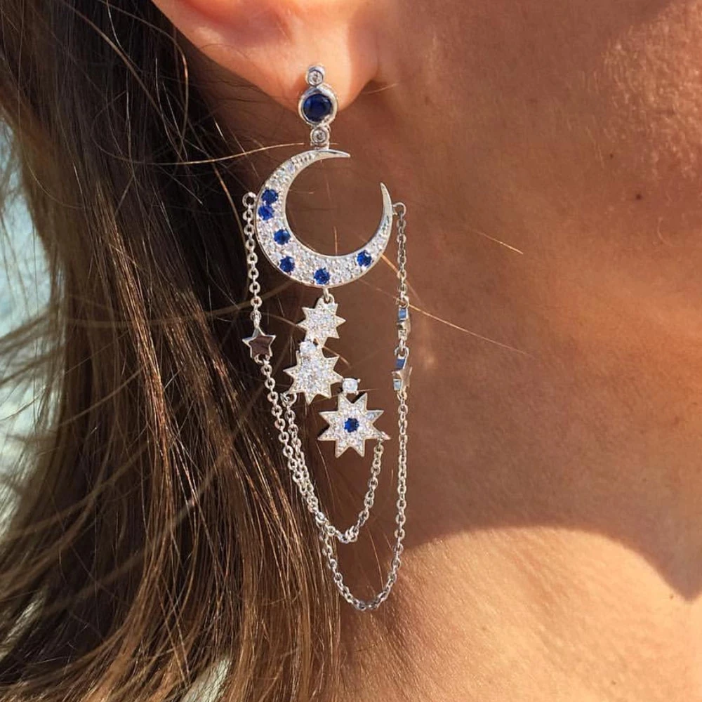 Blue Color Trendy Irregular Sparkly Star Moon Cubic Zirconia Long Tassel Dangle Drop Earrings For Women Girls wholesale