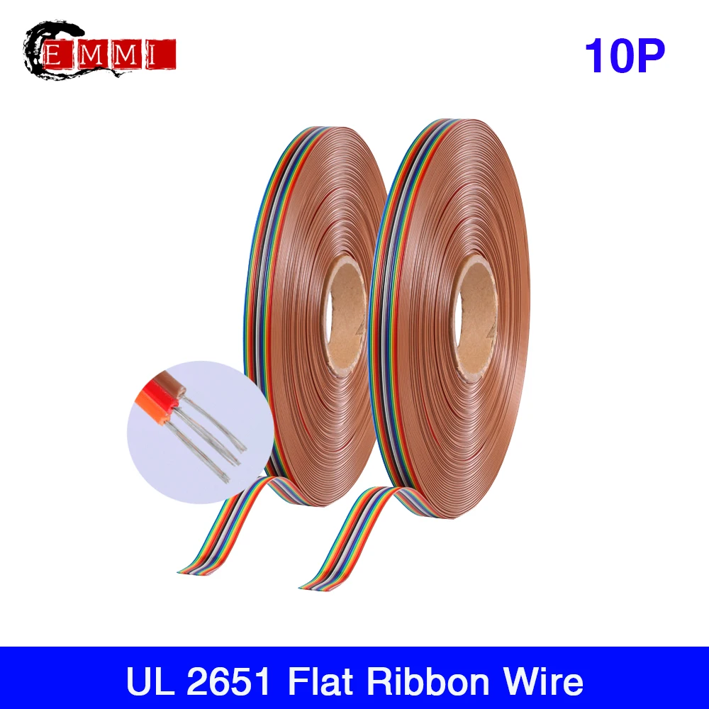 61 meters PVC material Tinned copper UL2651 28 AWG 1.27mm Pitch Colorful  Flat Ribbon Data Cable 7/0.127mm TS 10Pin