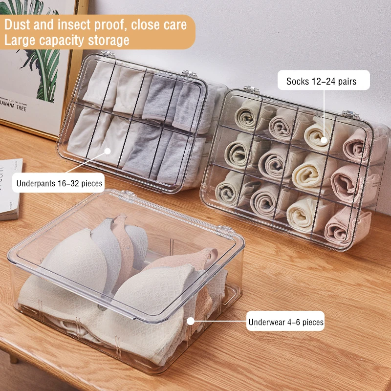 Transparent Underwear Storage Box, Closet Drawer Divider, Socks and Bra Finishing Case with Cover, 1Pc