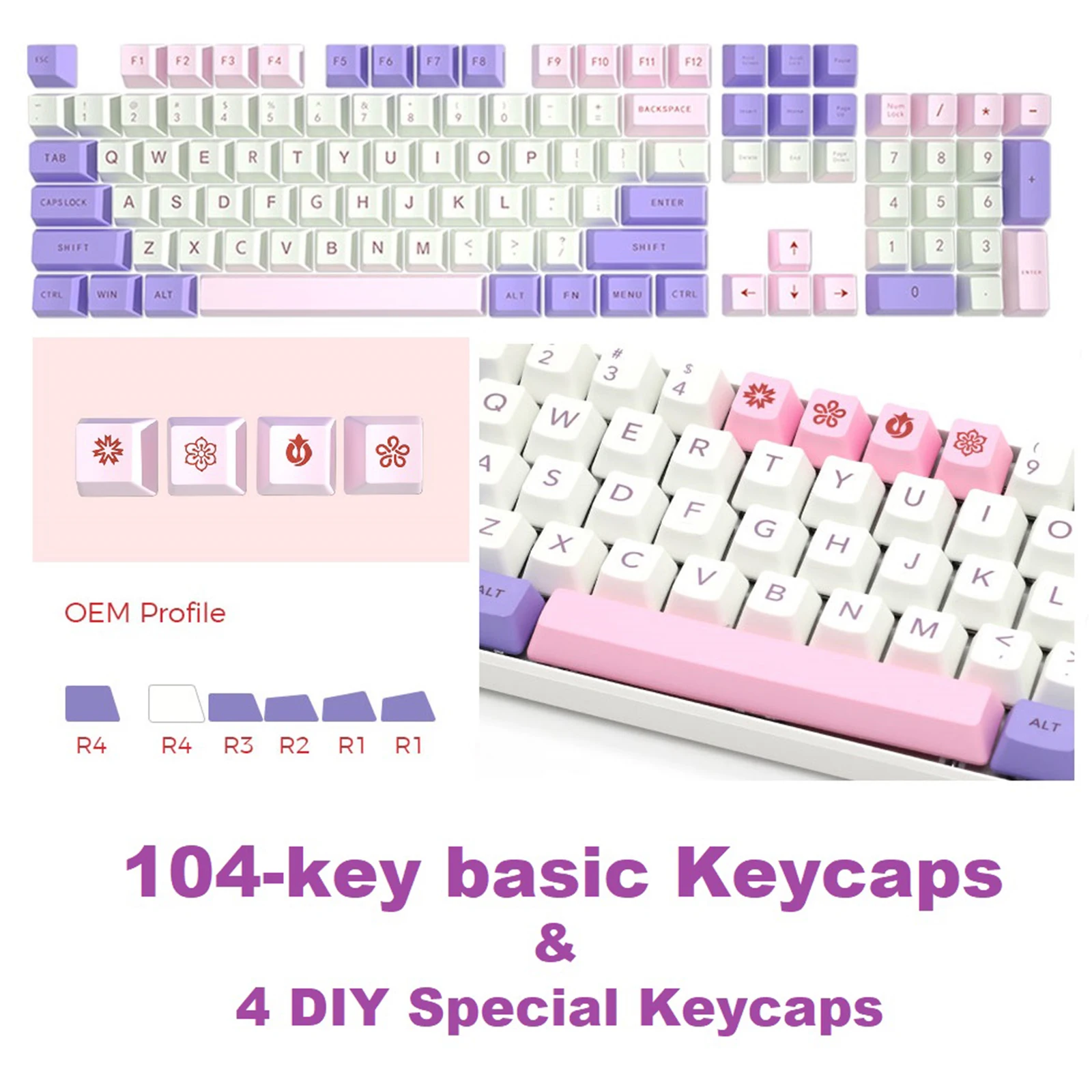 108 teclas pc com interruptor mecânico, 104 teclas básicas, 4 teclas diy, rosa, roxo, antiderrapante