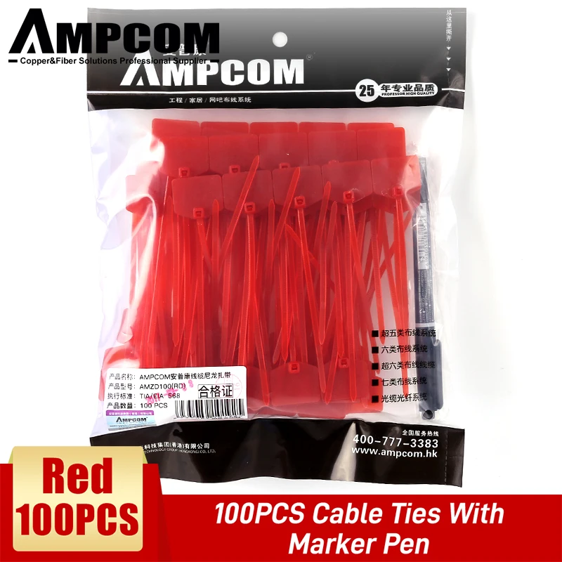 AMPCOM Nylon Kabelbinders met Markering - Beschrijfbaar op Ethernet-kabel | Zelfvergrendelend | Gratis afdrukbare etiketten - 4,72 inch, 5 kleuren