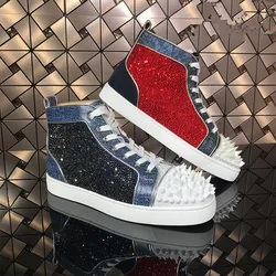 SHOOEGLE Luxury Crystal Spikes Men Shoes Rivets Red White Platform Sneakers Mens High-Top Lace-up High Quality Motorcycle Shoe