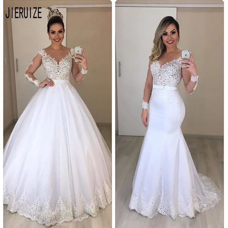 JIERUIZE Lace 2 In 1 Mermaid Wedding Dresses Long Sleeves Scoop Neck Detachable Train Puffy Tulle Appliques Bridal Gowns