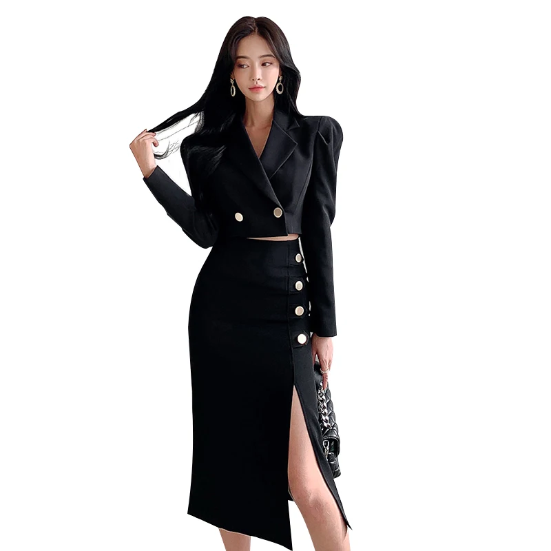 Fashion Spring Autumn Black Formal 2 Pieces Outfit Short Set Women Clothes Office Cropped Tops Coat Blazer Slit Midi Skirt Suits