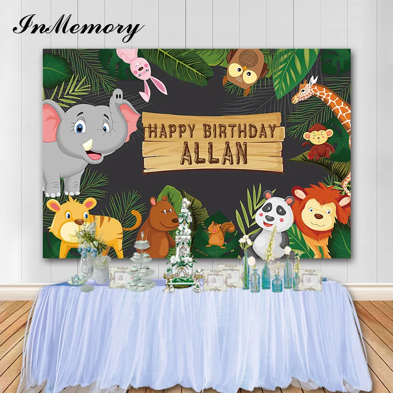 InMemory Cute Cartoon Animal Kids Birthday Photo Backdrop Safari Party Photographic Background Elephant Lion Tiger Vinyl Banner
