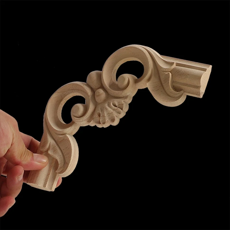 Horn Flower Rectangle Carving Natural Wood Appliques For Furniture Cabinet Unpainted Wooden Mouldings Decal Vintage Decoration