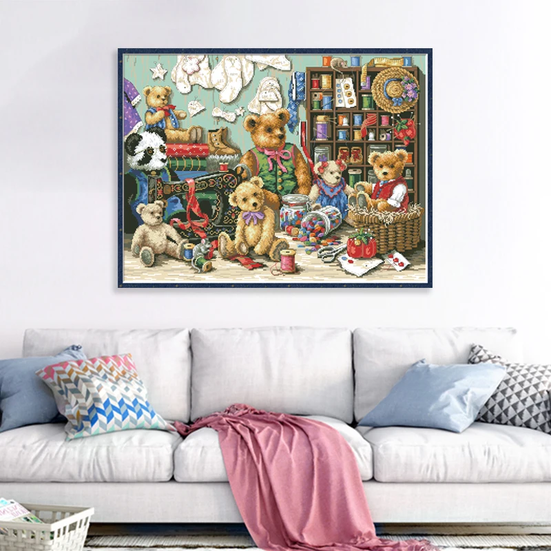 Bear Family Counted Cross Stitch Patterns Embroidery Kits Needlework Printed Canvas 11CT 14CT DIY Craft Set Home Decor Paintings