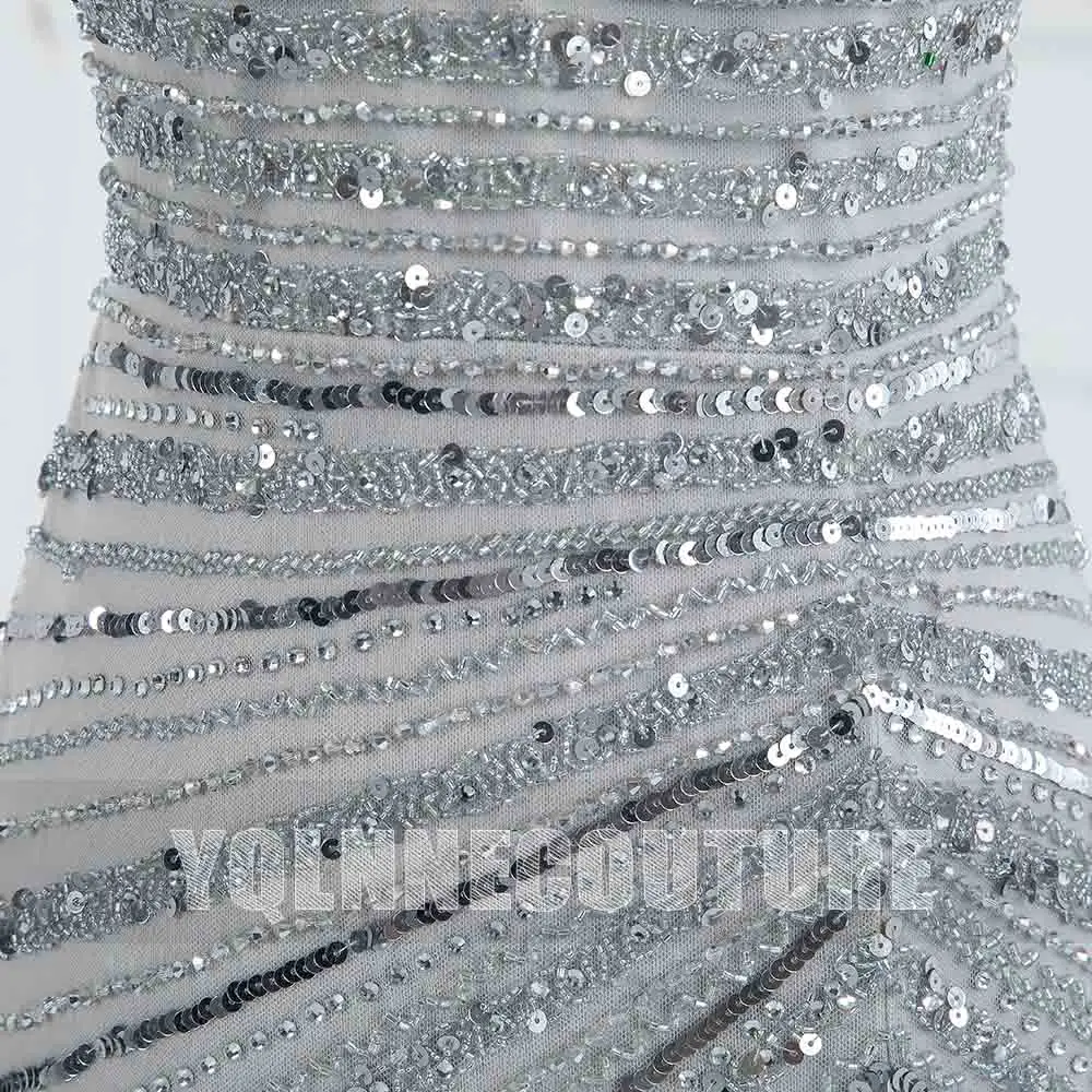 Silver Rhinestones Beaded Long Prom Dresses Spaghetti Tulle Backless Party Dance Pageant Gown Competition Robe De Soiree