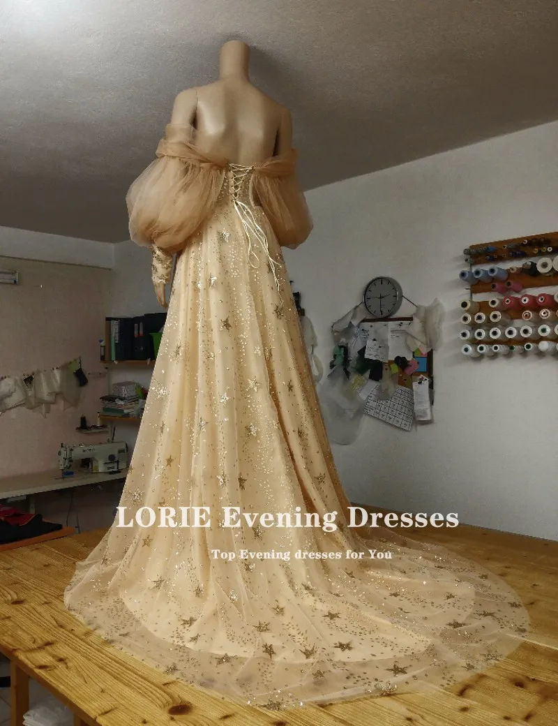 LORIE Gold Stars Prom Dresses Puff Sleeves off Shoulder A-Line Long Arabic Evening Gown Corset Celebrity Party Dress 2021