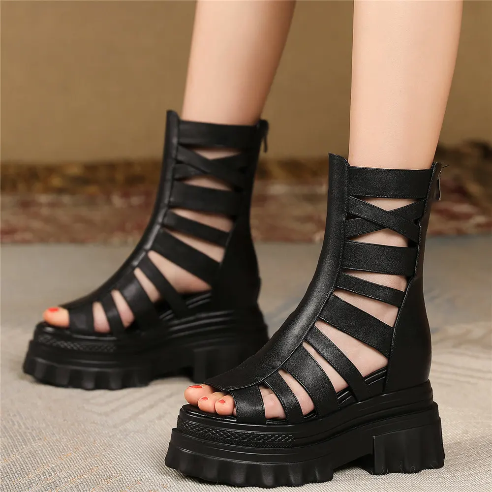Wedges Gladiator Sandals Women Black White Cow Leather Platform Pumps Female High Top High Heel Fashion Sneakers Casual Shoes