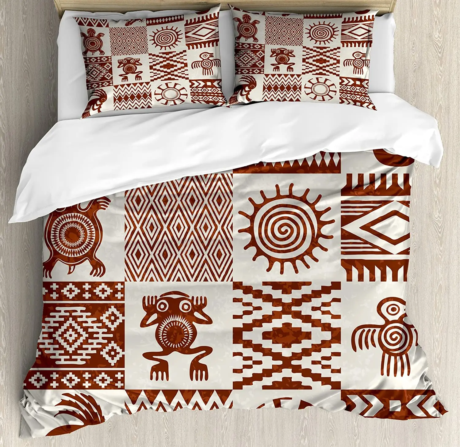 

Southwestern Duvet Cover Set Frames with Patterns and Grunge Look 3 Piece Bedding Set Redwood and Eggshell