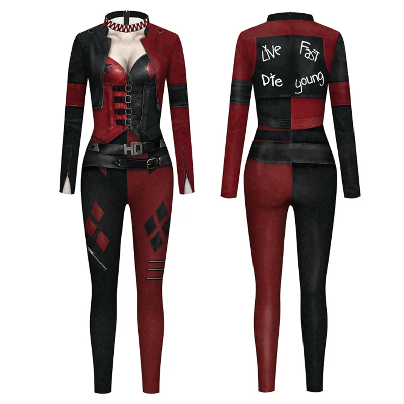 Sexy Halloween Cosplay Costumes Cos Clown Jumpsuit Print Slimming Skinny Bodysuit For Women Devil Roleplay Outfit