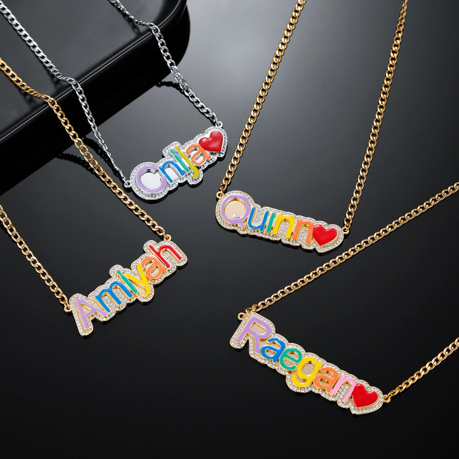 Custom Colorful Name Necklace For Women Personalized Pave Iced Out Name Pendant Enamel Name Chain Jewelry For Child Kid Gift