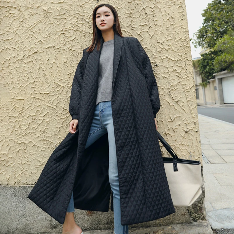 LANMREM-abrigo largo de algodón para mujer, chaqueta femenina de gran tamaño con solapa en la espalda y botones de ventilación, color negro, estilo