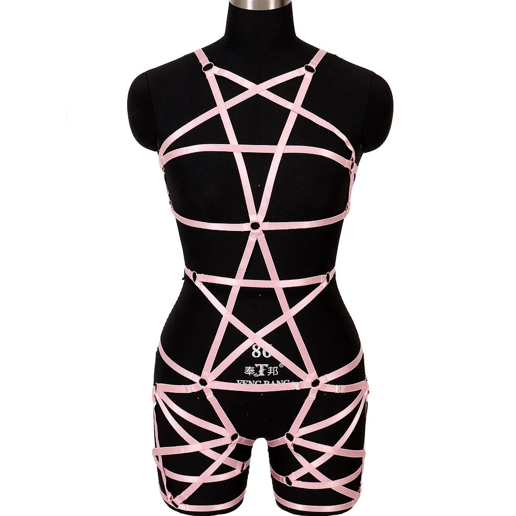 

Goth Clothes Pink Pentagram Holographic Fashion Sexy Full Body Harness Bondage Lingerie Women Punk Harness Bra Chest Suspenders