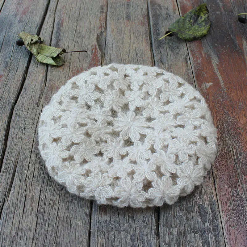 Handmade soft hallow out design beret cap for women Winter warm mohair artist knitted hat crochet gorros