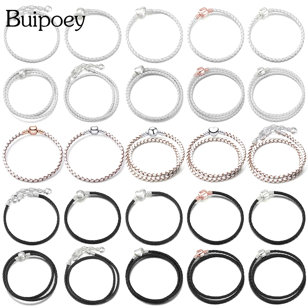 Buipoey 2021 New Black & White Leather Bracelets For Women Double Circle Braided Leather Bracelet Bangle Accessories Basic Chain