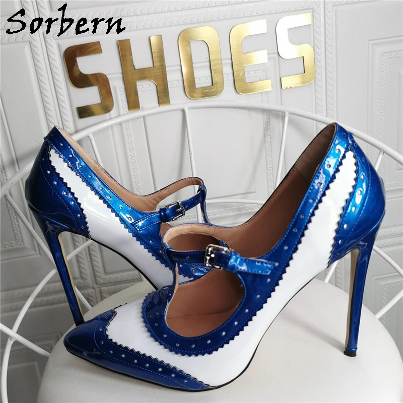 

Sorbern Royal Blue Women Pump Shoes T-Strap Pointed Toe High Heel Ol Party Shoes Stilettos Dressing Shoes For Women Office