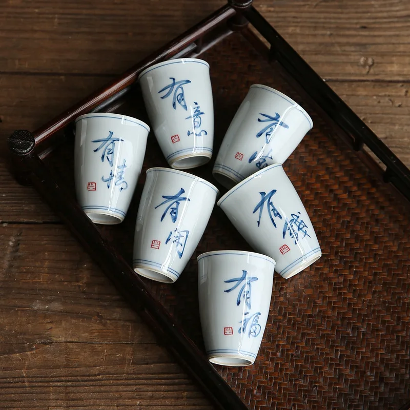 Hand-Painted Calligraphy Tea Cup Fragrance-Smelling Cup Tall Cup Literati Tea Ware Single Cup Kung Fu Tea Set Tea Tasting Cup