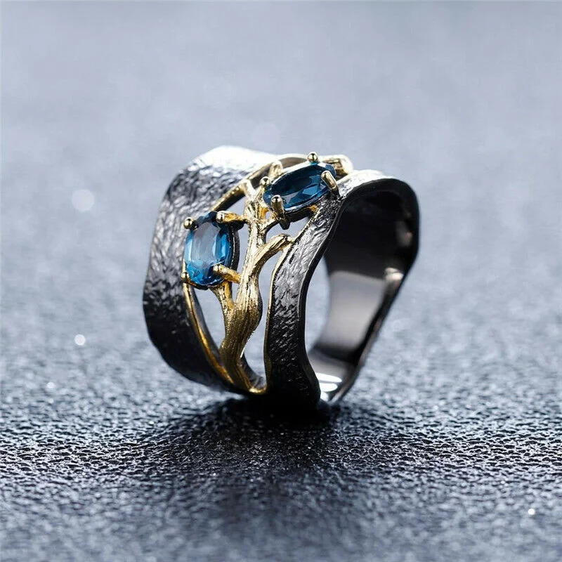 Hot Black Gold Plated Petal Floral Aquamarine Ring for Women Wedding Size 6-10