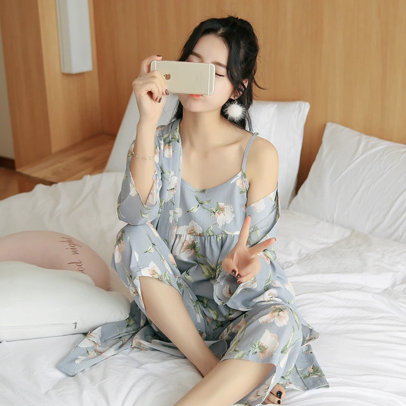 Conjunto de Pijama de algodón con Kimono japonés para mujer, ropa de dormir suave para el hogar, con estampado Floral, 3 piezas