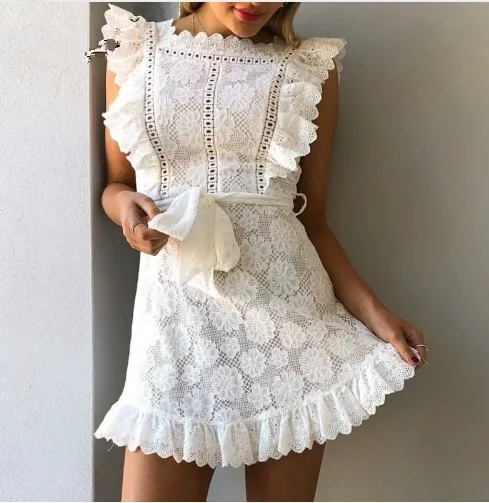 

New embroidered lace wood ear A-line skirt Summer cute sweet white dress multiple sizes available breathable and cool